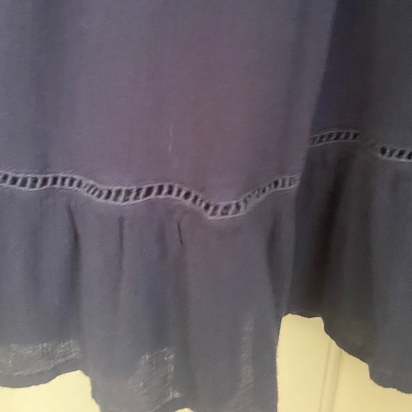 Bohemian Cotton Blouse Navy Blue Ruffle Hem Open Round Neck - Picture 6 of 8